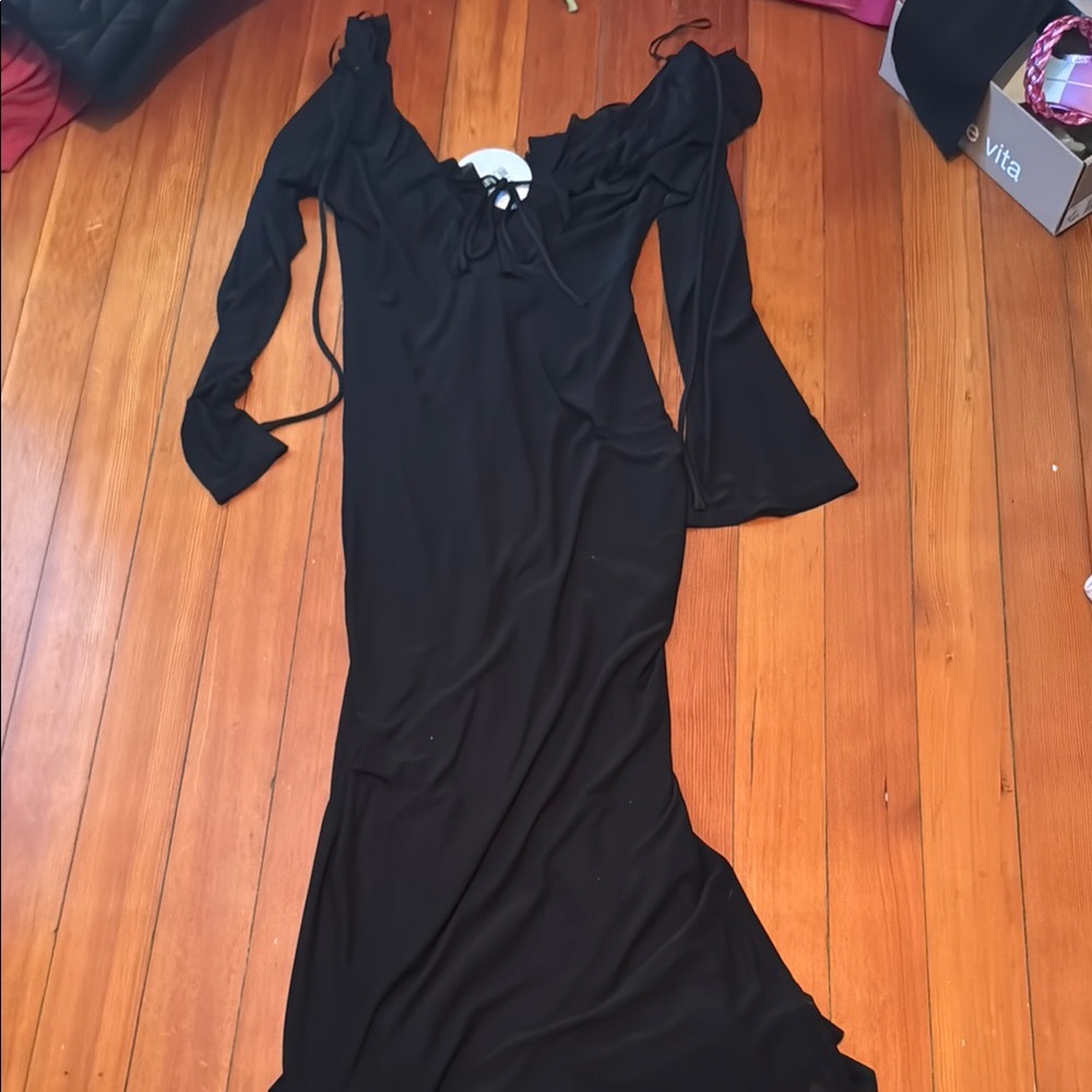 Princess Polly Black Off-Shoulder Bell Sleeve Gown